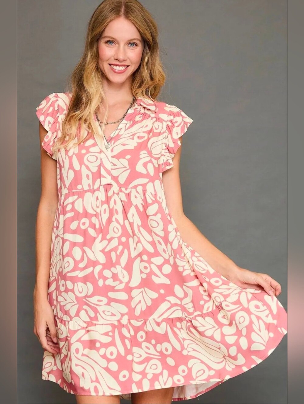 XL Women's Umgee Two Tone Printed Ruffled Cap Sleeve Mini Dress-NWT